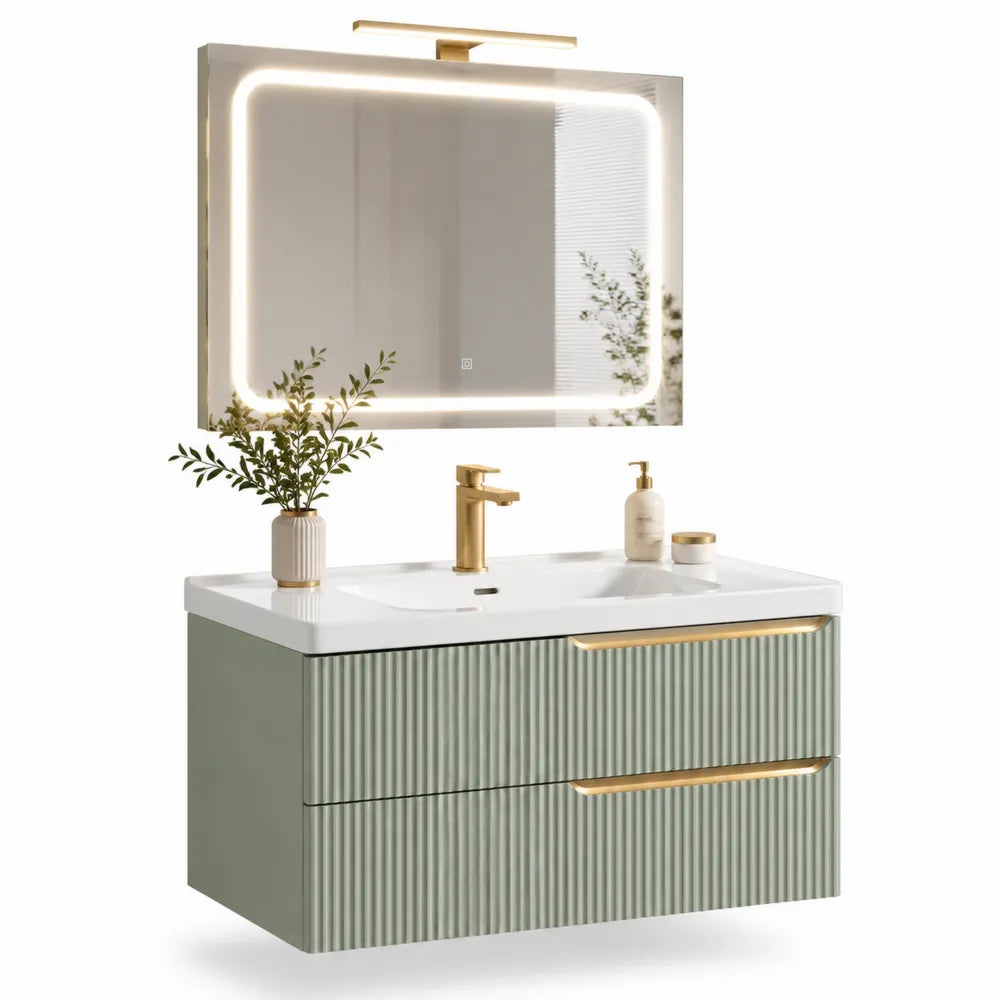 Waschtischunterschrank mit Waschbecken MDF geriffelte Front Salbeigrün Weiß Gold 100 x 46 x 50 cm