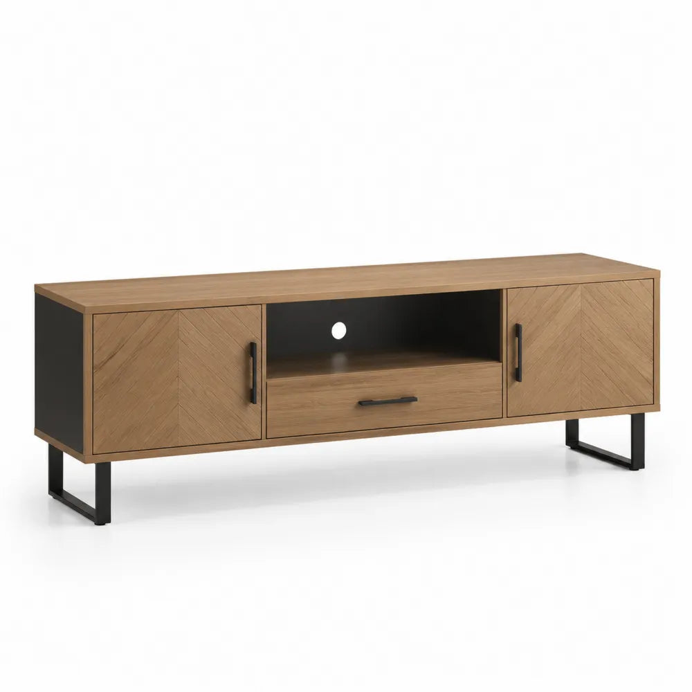 TV Lowboard mit Schublade Türen Ablage MDF Metallbeine Schwarz Natur 180 x 40 x 50 cm