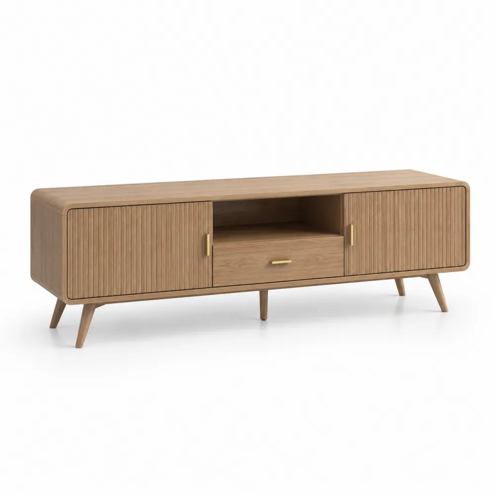 TV Lowboard 200 x 40 x 55 cm mit Türen Schublade offenem Fach MDF Holzdekor Natur Gold