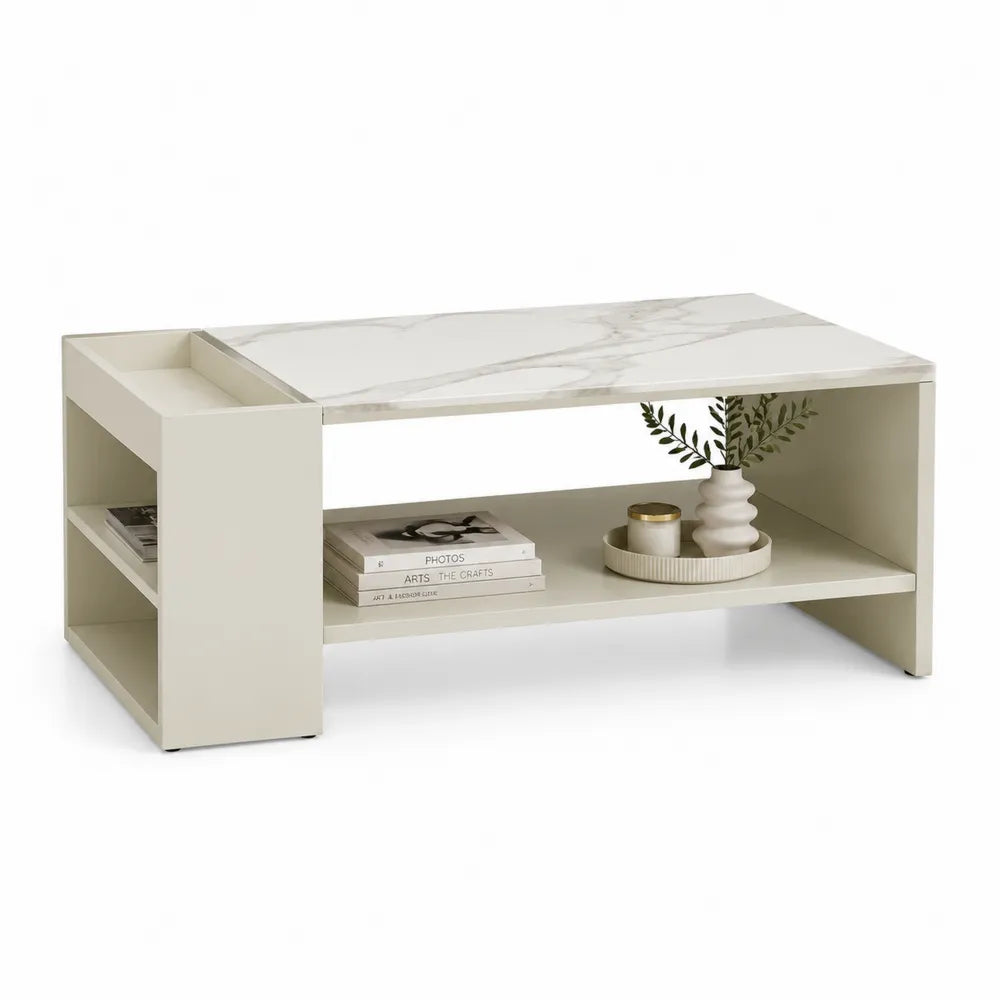 Couchtisch rechteckig mit Ablagefächern MDF Tischplatte Marmoroptik Weiß Beige 120 cm x 60 cm x 40 cm
