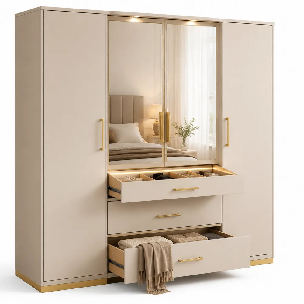 Kleiderschrank mit Spiegel Schubladen LED Beleuchtung MDF Weiß Gold 240 x 60 x 220 cm