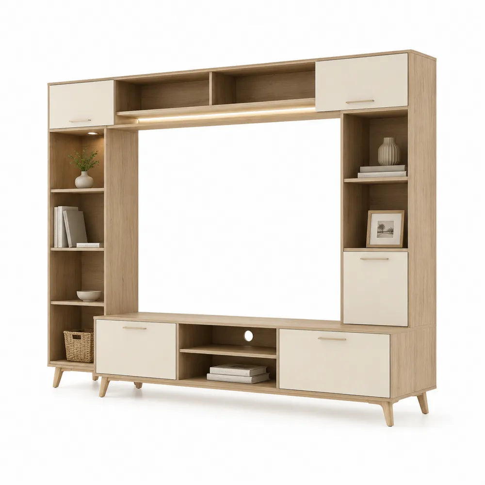 TV Wand mit Lowboard Schränken Ablagen MDF Natur Weiß 240 x 40 x 190 cm