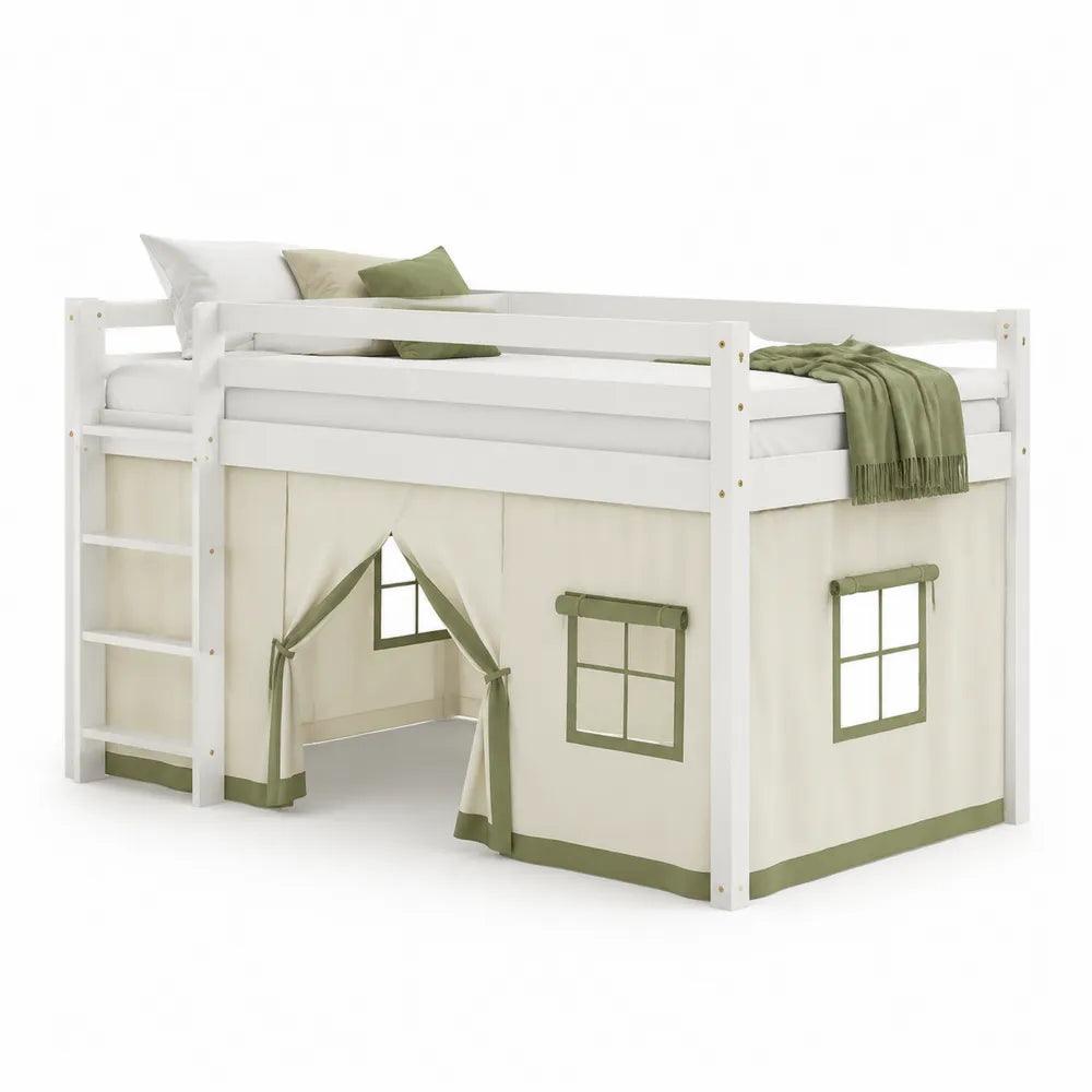 Hochbett Kinderbett 90 x 200 cm mit Spielvorhang Massivholz Weiß Grün