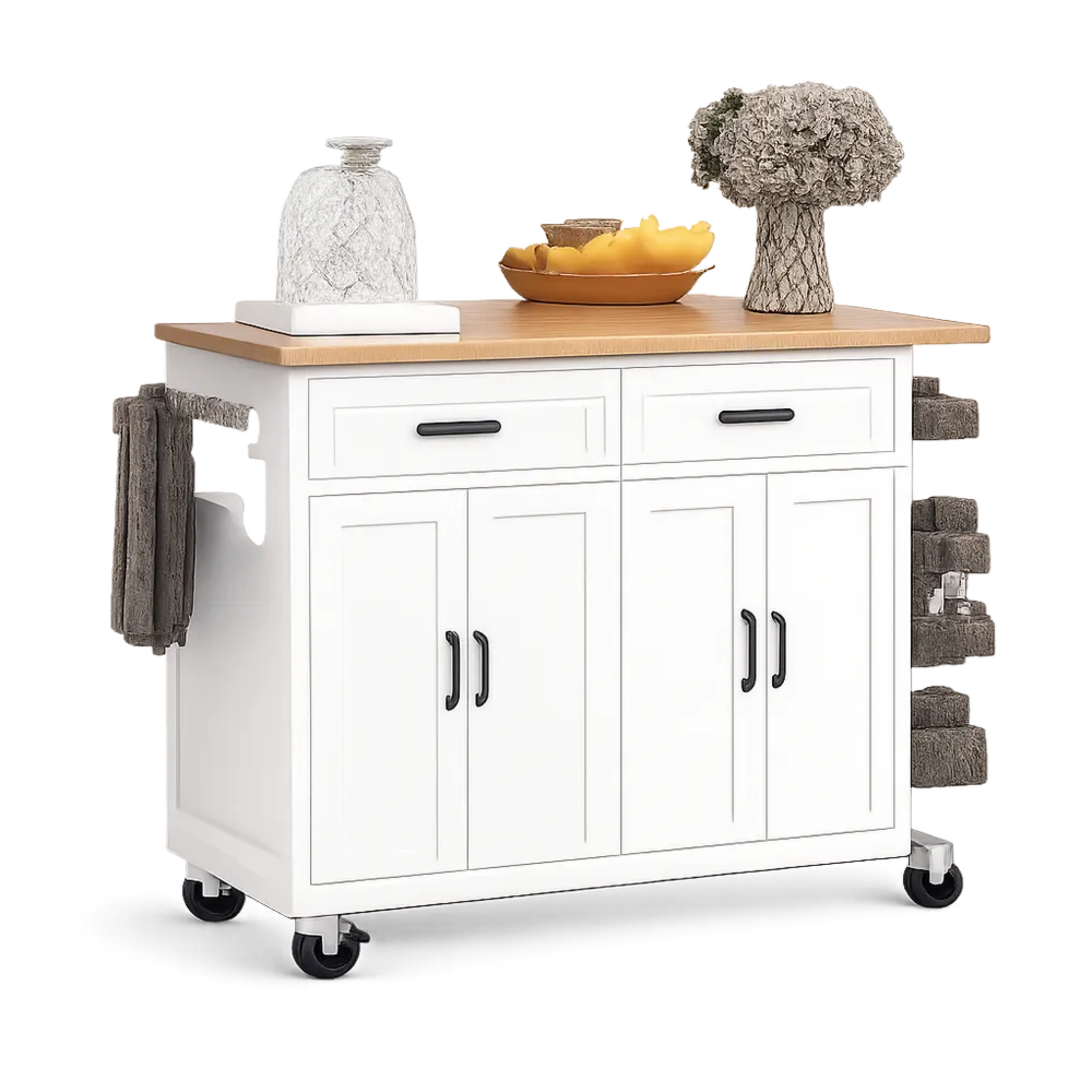Küchenwagen mit Schubladen Türen und Rollen MDF Weiß Natur 120 x 45 x 90 cm