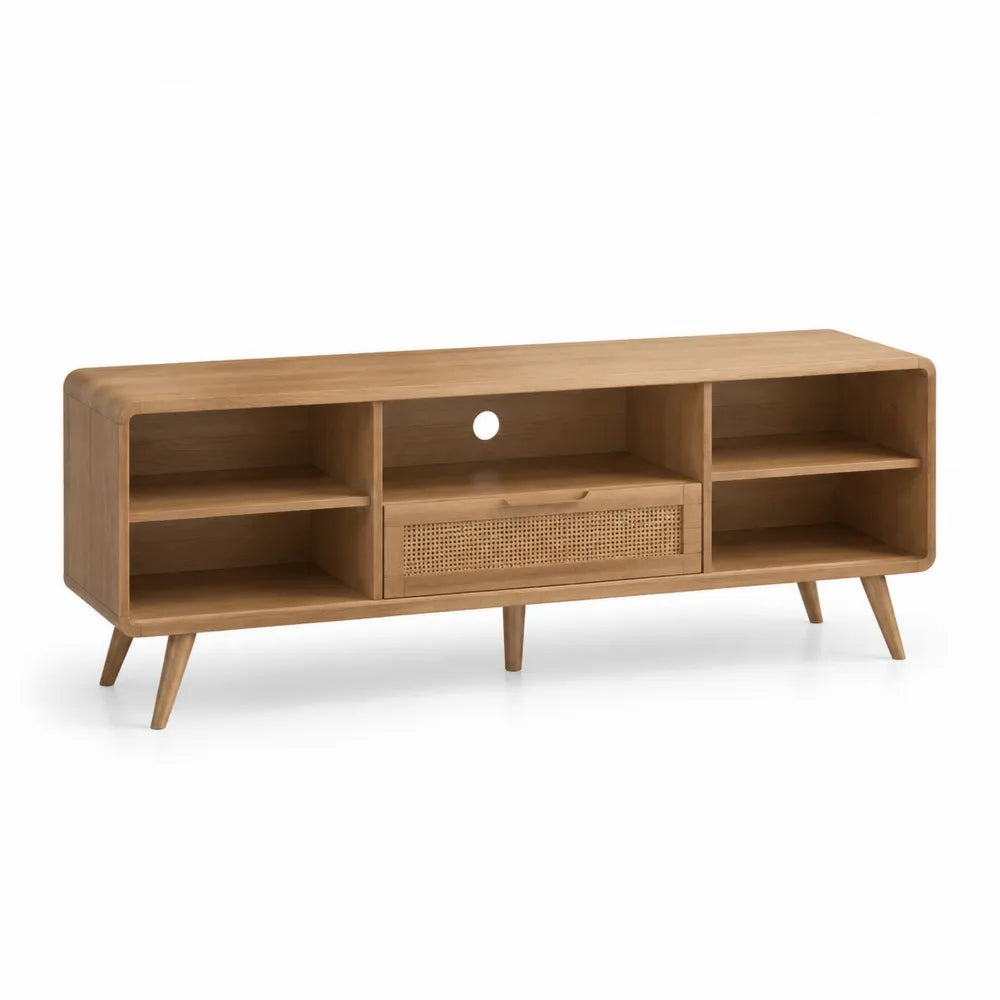 TV Lowboard 200 x 40 x 55 cm mit offenen Fächern Schublade MDF Holzdekor Natur