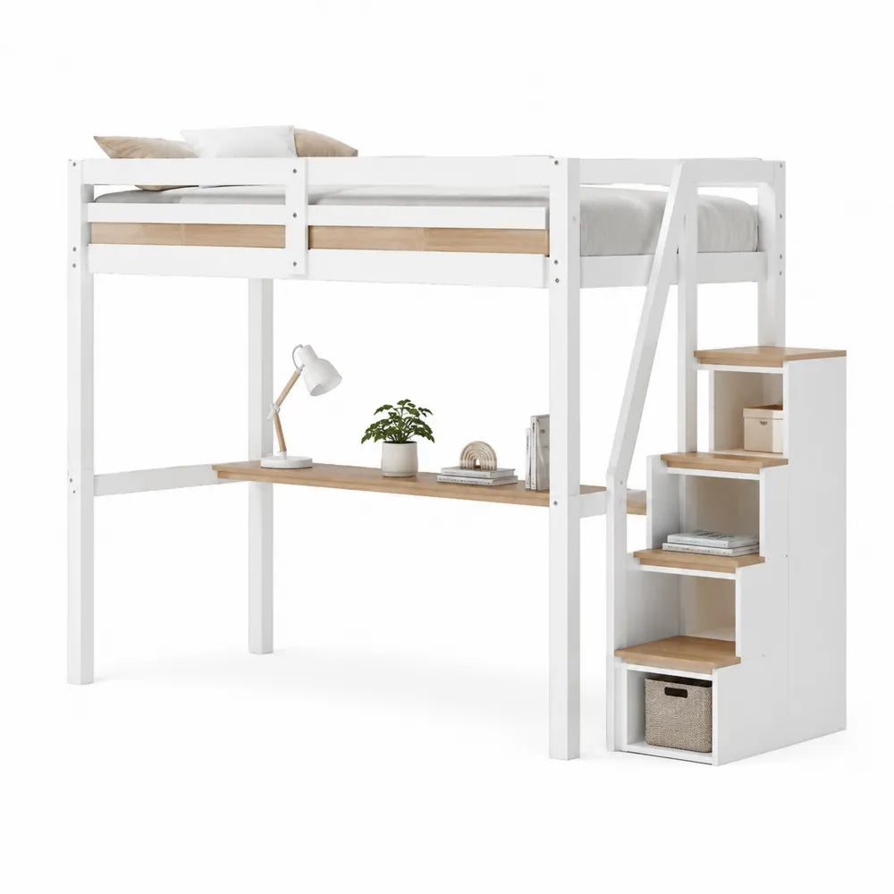 Hochbett mit Schreibtisch Treppe Stauraum Holzwerkstoff Weiß Natur 90 x 200 cm