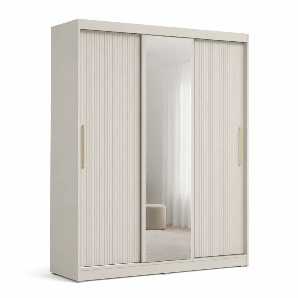 Kleiderschrank 180 x 60 x 200 cm mit 3 Türen Spiegel MDF Weiß Gold