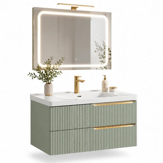 Waschtischunterschrank mit Waschbecken MDF geriffelte Front Salbeigrün Weiß Gold 100 x 46 x 50 cm
