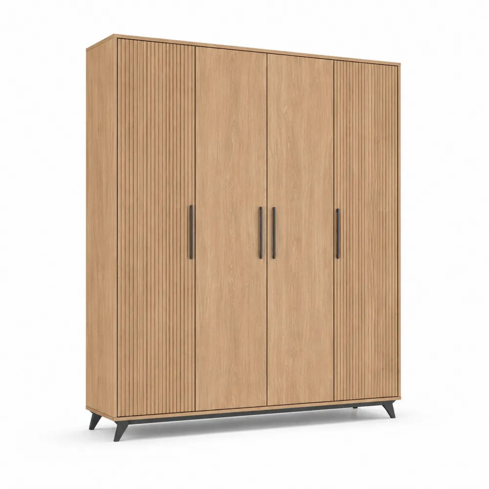 Kleiderschrank 180 x 60 x 200 cm mit 4 Türen MDF Holzdekor Natur Schwarz