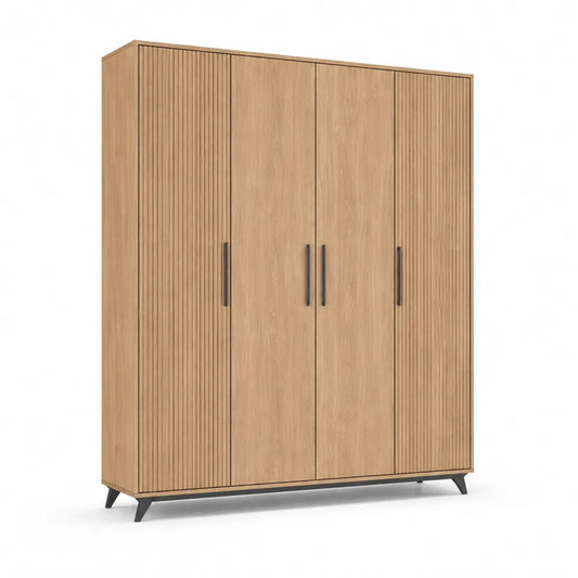 Kleiderschrank 180 x 60 x 200 cm mit 4 Türen MDF Holzdekor Natur Schwarz