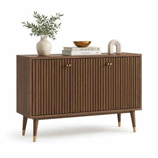 Sideboard 3 Türen MDF Rillenfronten Holzdekor Braun Goldfarben 160 cm x 40 cm x 80 cm