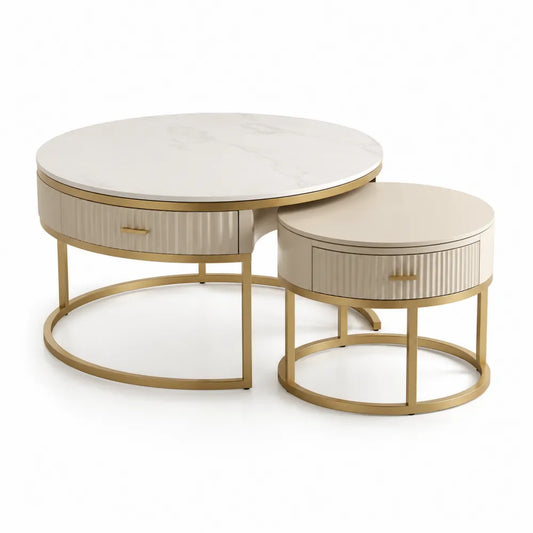 Couchtisch Set 2 teilig rund mit Schubladen Marmoroptik Tischplatte MDF Stahlgestell Creme Weiß Gold 80 cm 60 cm