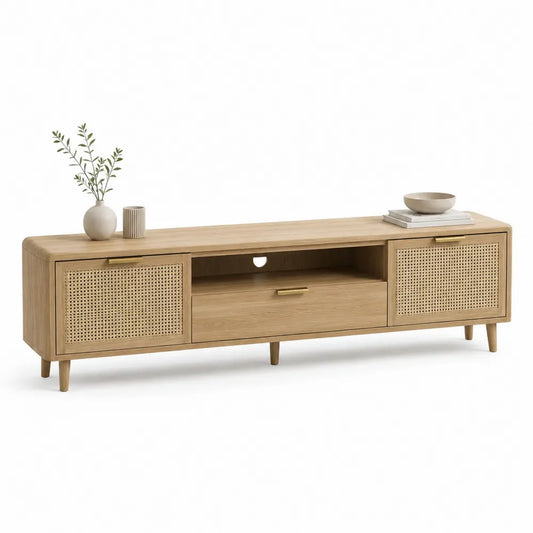 TV Lowboard 200x40x55 cm mit Türen Schublade und Ablagefach aus MDF Natur Gold