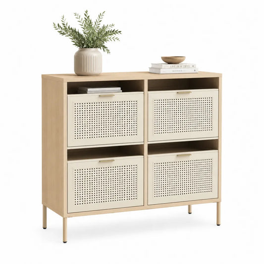Sideboard 4 Türen MDF Rattan Fronten Metallfüße Natur Beige 120 cm x 40 cm x 85 cm