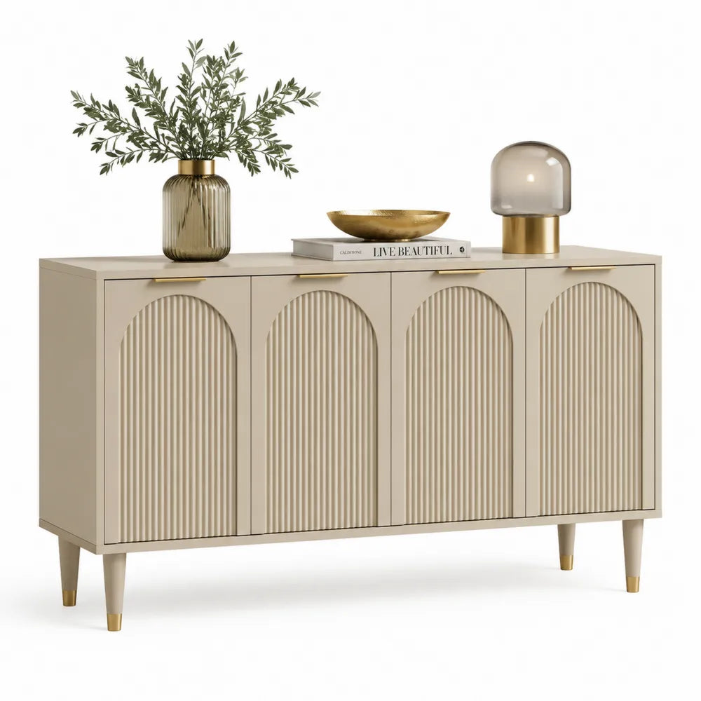 Sideboard Kommode mit 4 Türen MDF Holzdekor Rillenfronten Beige Gold 180 x 40 x 85 cm