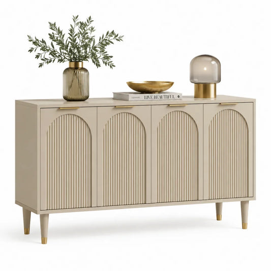 Sideboard Kommode mit 4 Türen MDF Holzdekor Rillenfronten Beige Gold 180 x 40 x 85 cm
