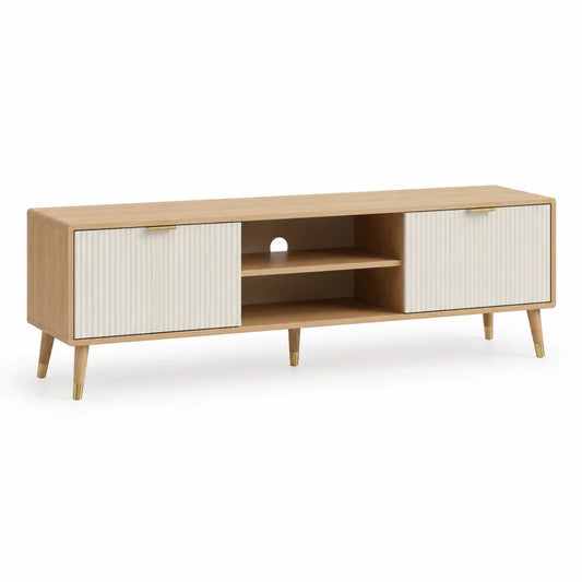 TV Lowboard 200 x 40 x 55 cm mit Türen offenen Fächern MDF Holzdekor Natur Weiß Gold