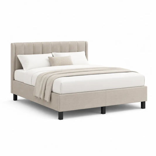 Polsterbett 180x200 cm Doppelbett mit gepolstertem Kopfteil aus Polyestergewebe Beige