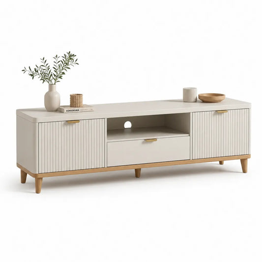 TV Lowboard MDF Weiß Natur mit Türen Schublade 200 x 40 x 50 cm