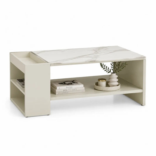 Couchtisch rechteckig mit Ablagefächern MDF Tischplatte Marmoroptik Weiß Beige 120 cm x 60 cm x 40 cm