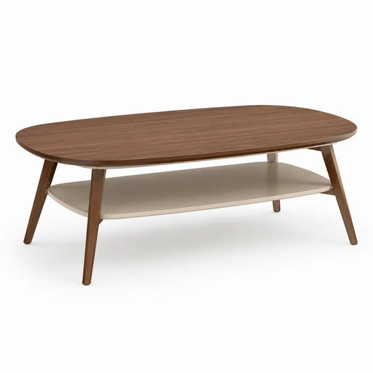 Ovaler Couchtisch mit Ablage MDF Holzdekor Holzbeinen braun beige 140 x 70 x 45 cm