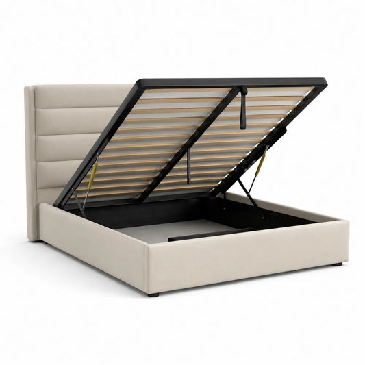 Stauraumbett Doppelbett 180 x 200 cm mit Bettkasten Hebemechanismus gepolstertem Kopfteil Polyesterbezug Beige