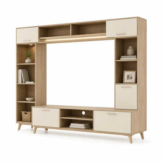 TV Wand mit Lowboard Schränken Ablagen MDF Natur Weiß 240 x 40 x 190 cm