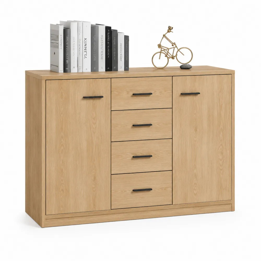 Sideboard mit Türen Schubladen MDF Eiche Optik Natur Schwarz 160 x 40 x 85 cm