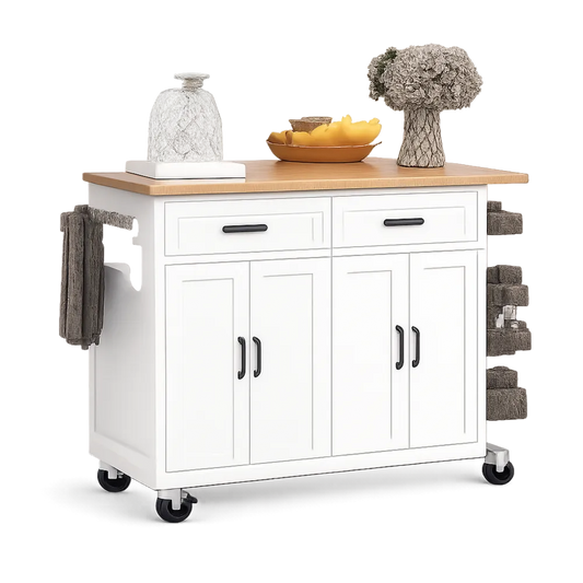 Küchenwagen mit Schubladen Türen und Rollen MDF Weiß Natur 120 x 45 x 90 cm