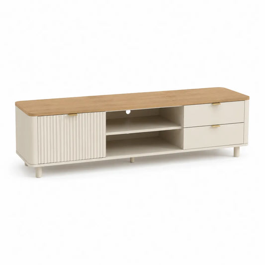 TV Lowboard 200x40x55 cm mit Türen Schubladen und Ablagefach aus MDF Natur Weiß