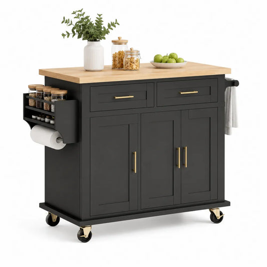 Küchenwagen 120 x 60 x 90 cm mit Rollen MDF Arbeitsplatte Holzdekor Schwarz Natur Gold