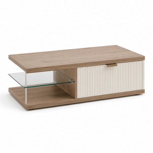 Couchtisch rechteckig mit Schublade Glasablage MDF Holzoptik Weiß Beige 120 cm x 60 cm x 40 cm