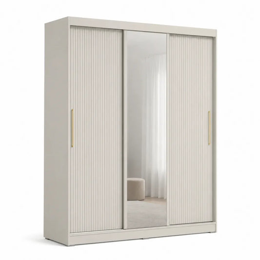 Kleiderschrank 180 x 60 x 200 cm mit 3 Türen Spiegel MDF Weiß Gold