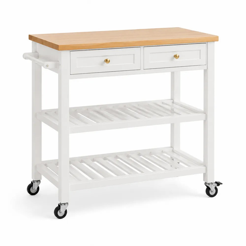 Küchenwagen 100x40x90 cm mit Schubladen Rollen und Ablagen aus MDF Weiß Natur